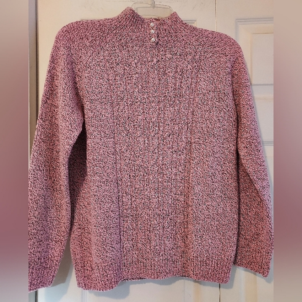 Karen Scott Womens Petite Medium Pink Brown Heather Knit Sweater Mockneck Pearls